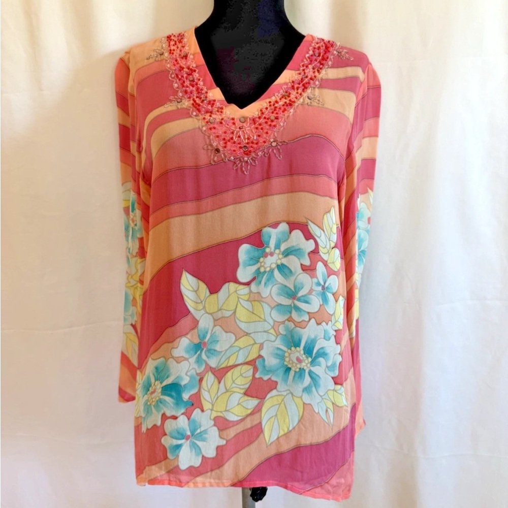 Ca.sual Silk Floral Tunic W/ Beading - Size Medium